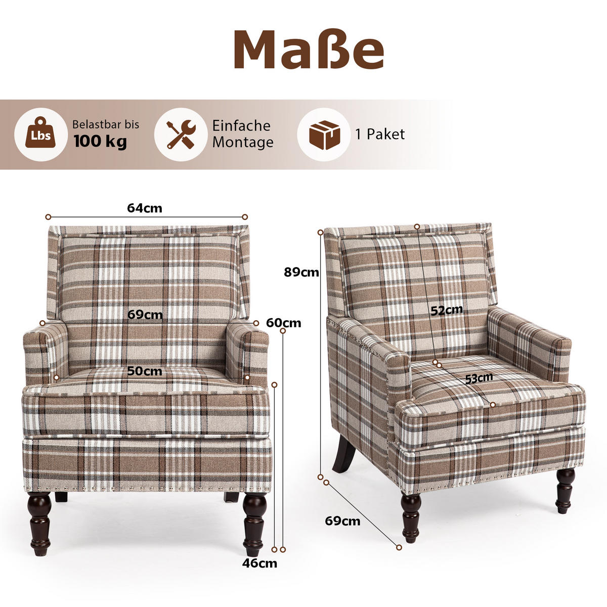 SESSEL Leinen Braun & Weiß - Braun/Weiß, Holzwerkstoff/Textil (69/89/69cm) - WISHDOR