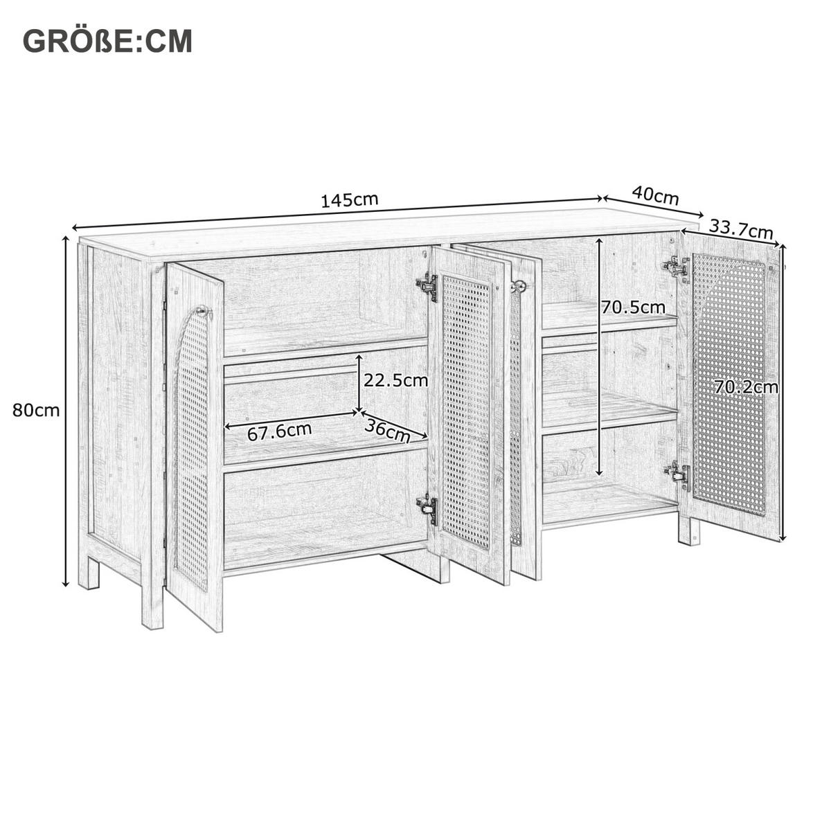 SIDEBOARD 145x40x80 cm, 4 Türen, Rattanoptik, Weiß - Weiß, Holz (145/80/40cm)