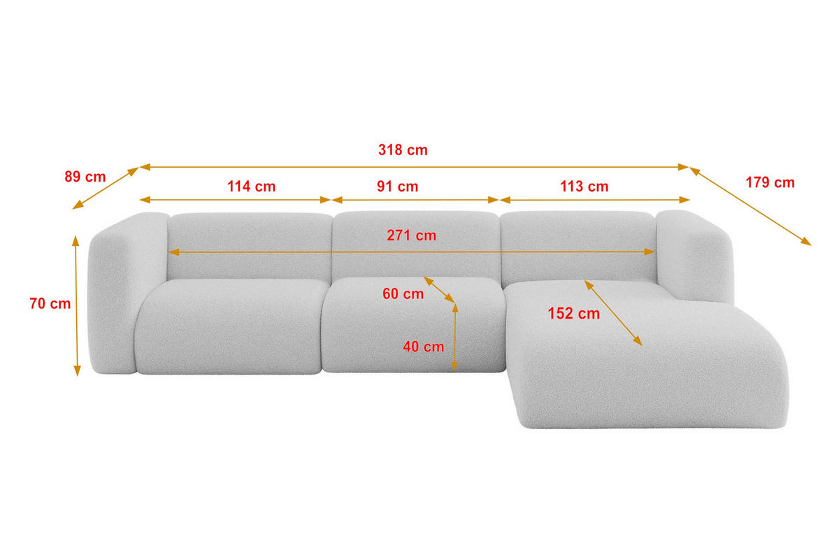 ECKSOFA Ottomane Rechts MIRA-L2 318x179x89 Hellgrau Bouclé - Silberfarben/Hellgrau, Holzwerkstoff/Kunststoff (318/179cm) - ALTDECOR