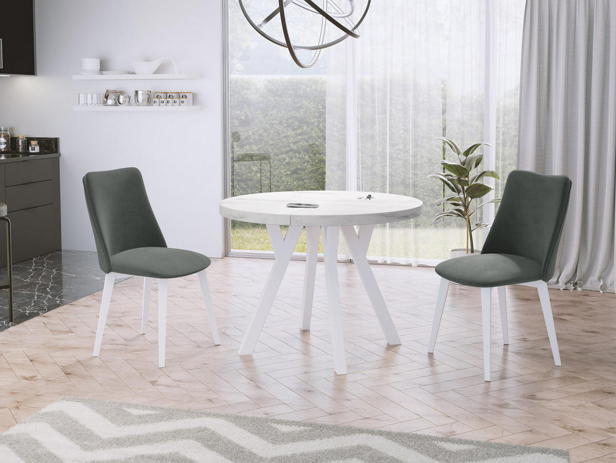 ESSTISCH Twixy runder ausziehbarer, Marmor Weiß 90-170/90/76 cm - Ecru/Weiß, Holz/Holzwerkstoff (90/90/76cm) - WFL GROUP