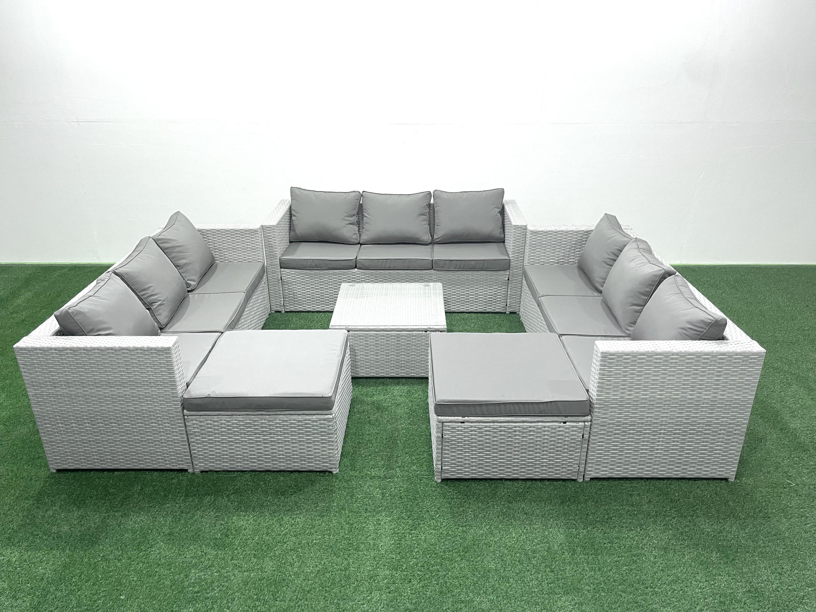 GARTENMÖBELSET mit 3-SITZER SOFA,COUCHTISCH Polyrattan Hellgrau-Mix 11-Sitzer - Hellgrau/Grau, Glas/Kunststoff - Fimous