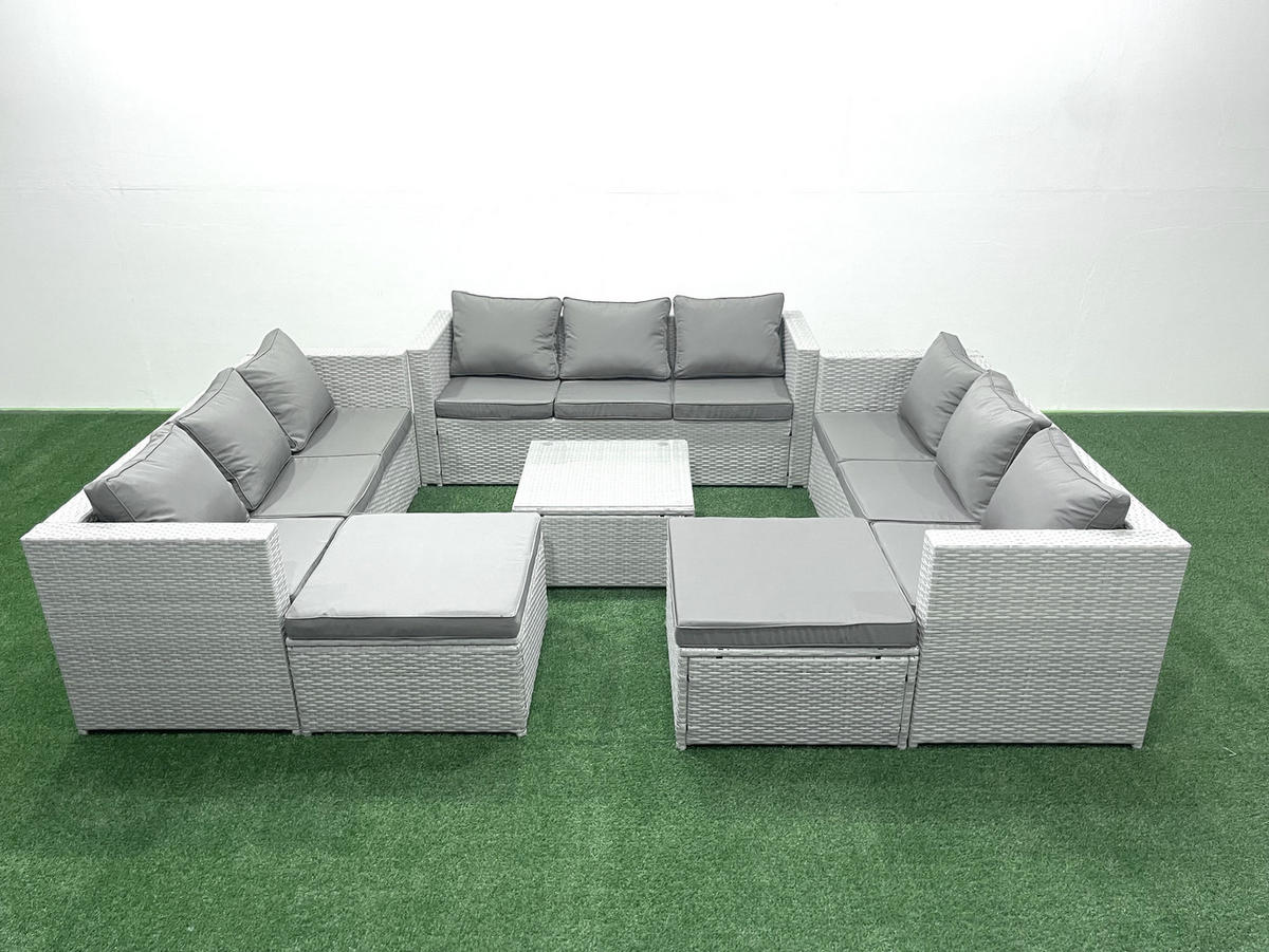 GARTENMÖBELSET mit 3-SITZER SOFA,COUCHTISCH Polyrattan Hellgrau-Mix 11-Sitzer - Hellgrau/Grau, Glas/Kunststoff - Fimous