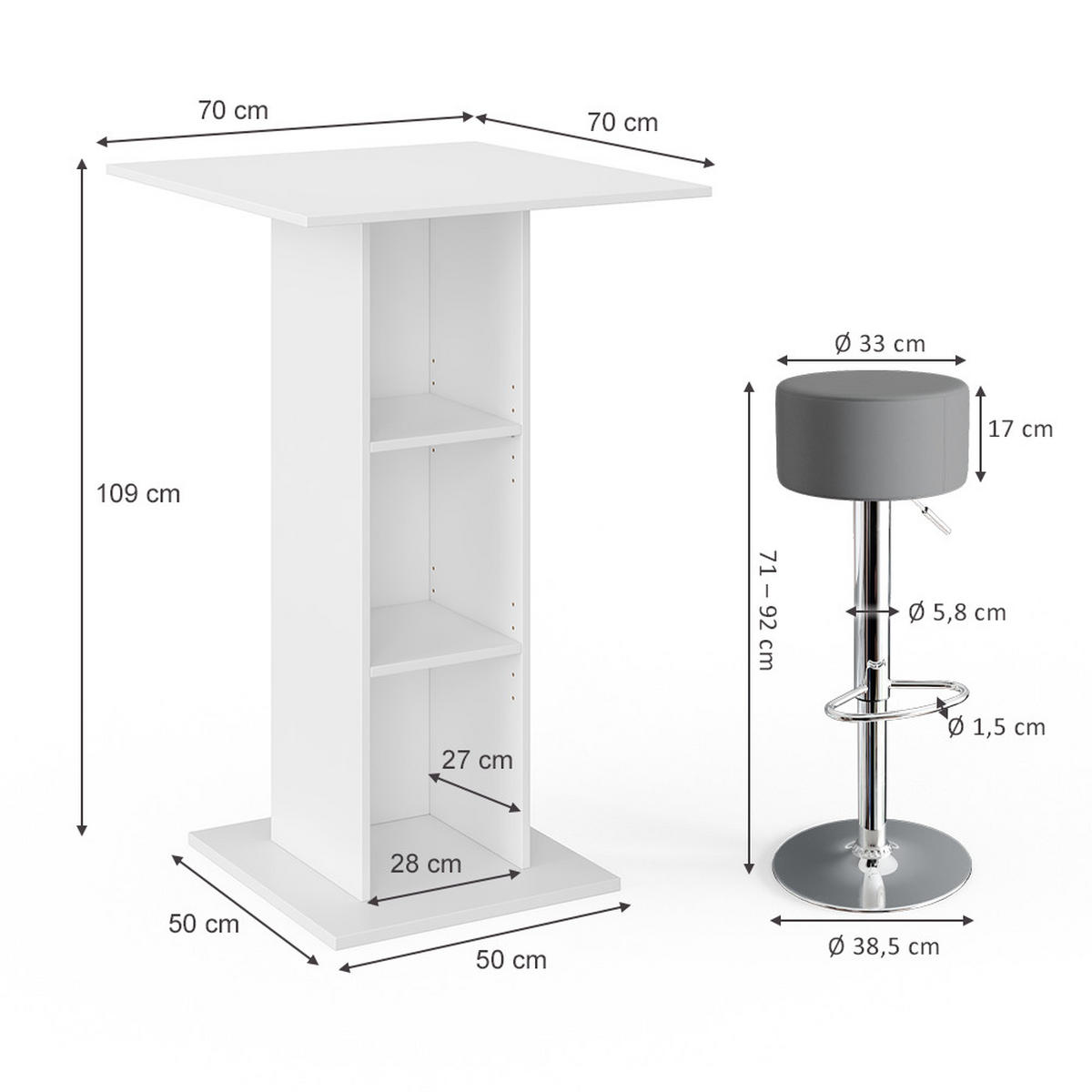 BARTISCH-SET Rodeo Beton 70 x 70 cm mit 2 Barhockern - Grau, Holzwerkstoff (70/109/70cm) - Vicco