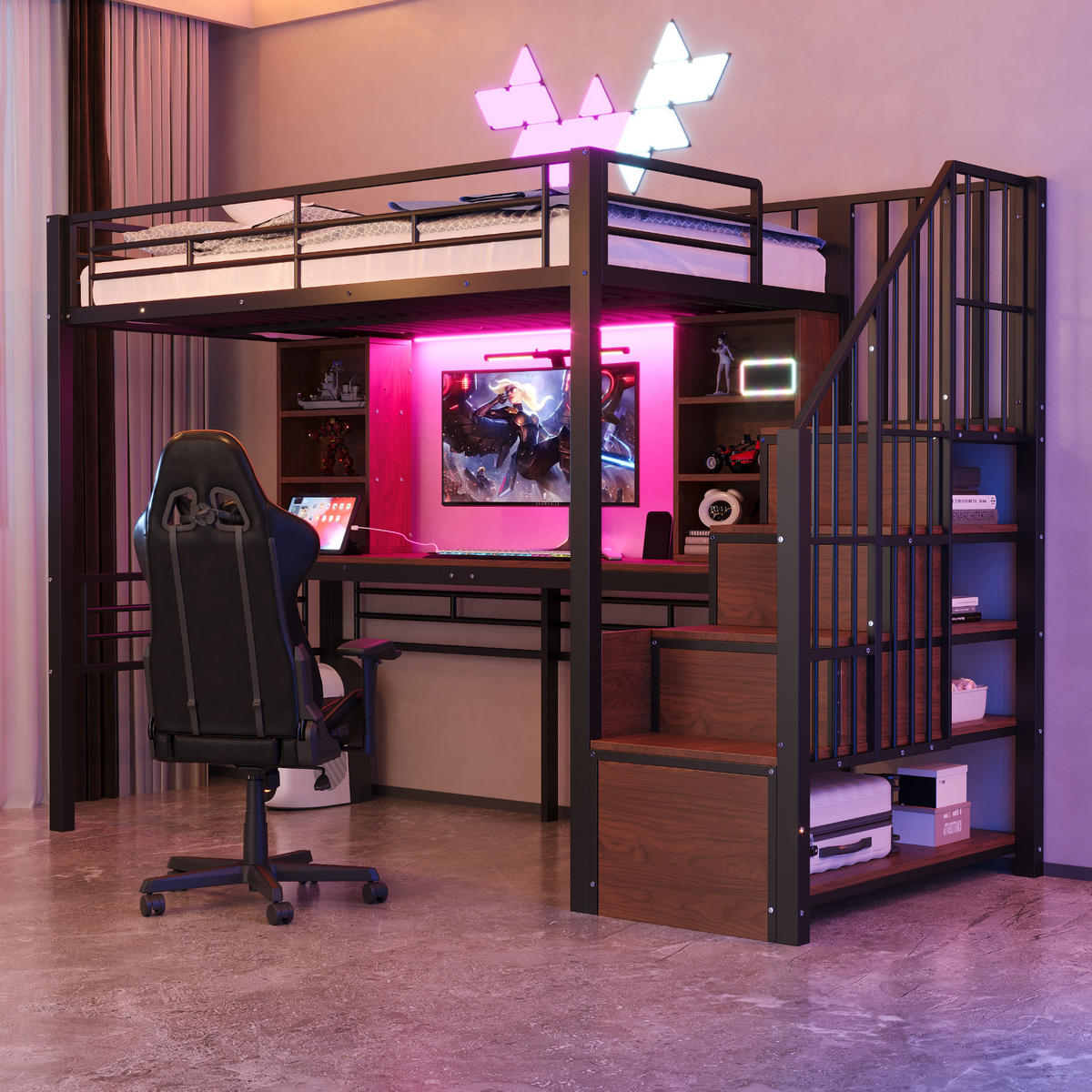 HOCHBETT 90/200 cm DE-01533, in Schwarz, mit Schreibtisch, Steckdose, LED und Stauraumtreppe - Schwarz, Metall (90/200cm) - ComfortXL