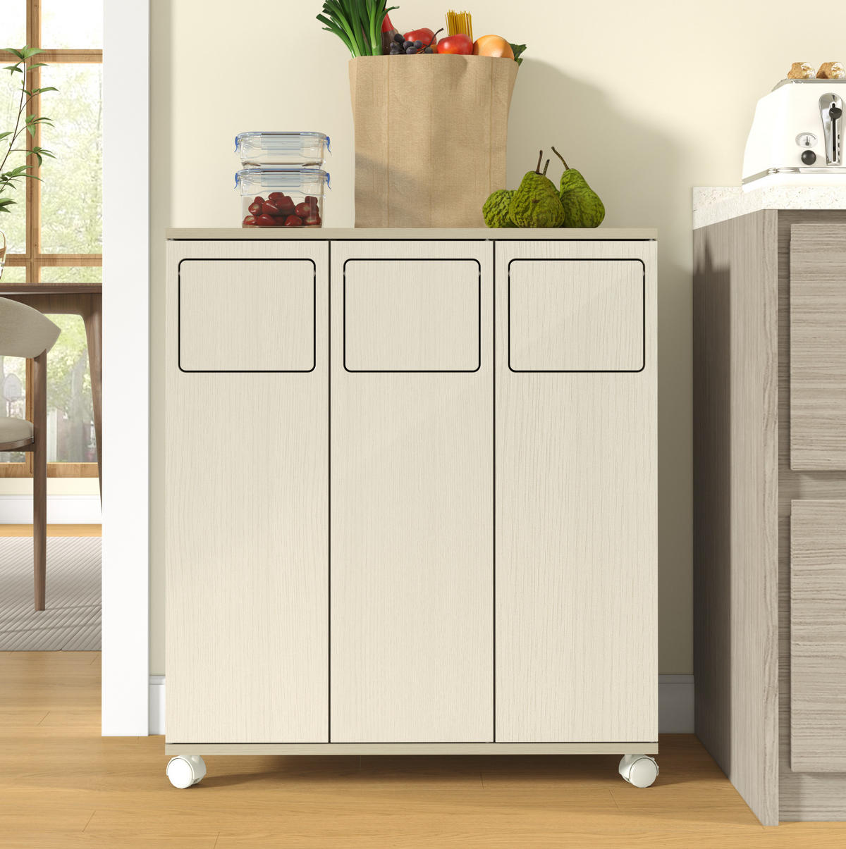 KOMMODE 69,3/35/80 cm aus MDF mit 3 Fächern, 180°-Türen und Rollen, Weiß - Weiß, Holzwerkstoff (70/80/35cm) - Redom
