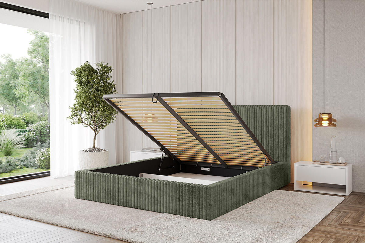 POLSTERBETT mit Bettkasten und Lattenrost, Boxbett ohne Matratze - ALOVA-V1 - Olivgrün, Holzwerkstoff/Textil (180/200cm) - ALTDECOR