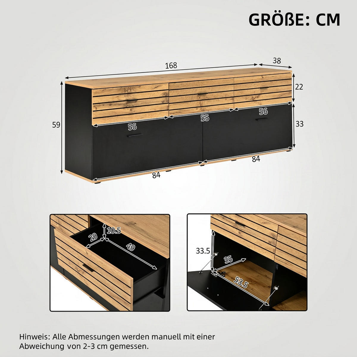 TV-SCHRANK 168/38/59 cm Holzoptik/Schwarz mit 3 Schubladen und 2 Türen - Schwarz, Holzwerkstoff (168/59/38cm) - Oxeza