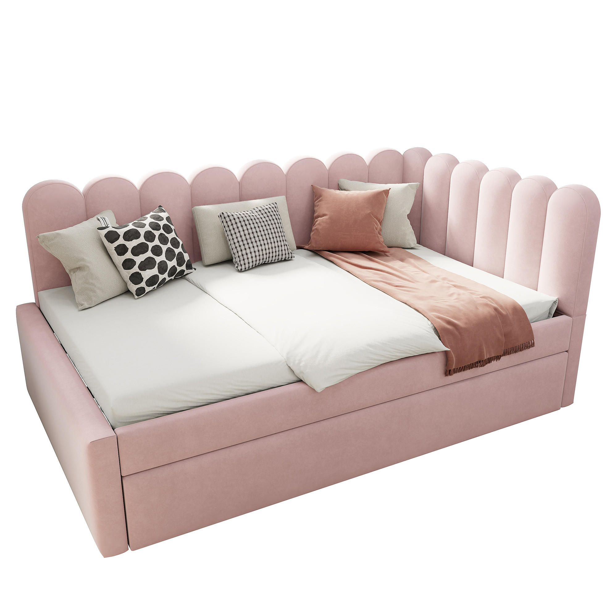 OKWISH ČALOUNĚNÁ postel 140/200 cm růžová z textilu s výsuvným lůžkem a L tvarem
