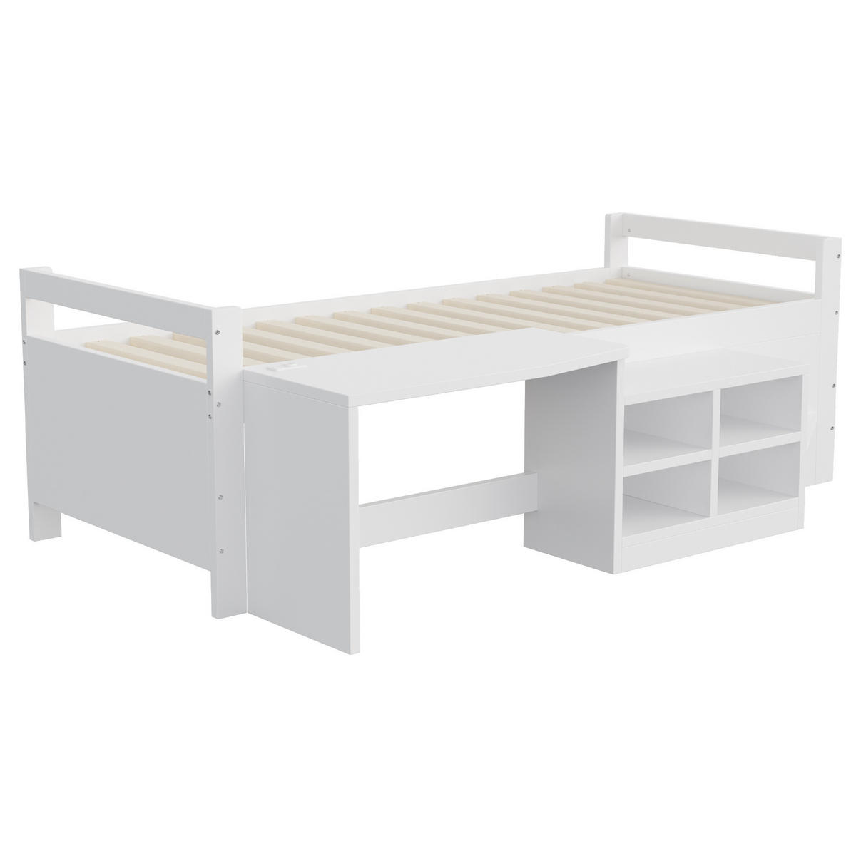 KINDERBETT aus Kiefernholz 90x200 cm Weiß mit Schreibtisch, USB-Anschlüssen, Steckdose und Stauraumschränken - Weiß, Holzwerkstoff (90/200cm) - Modfu