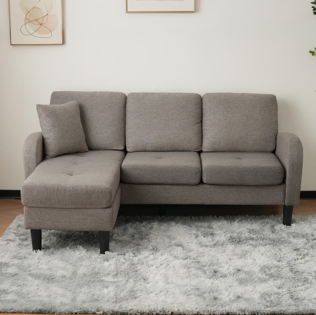 SOFA mit Chaiselongue 166x118 cm Baumwoll-Leinen Antique Dark Grey - Dunkelgrau, Holz (118/166cm) - Meubliv