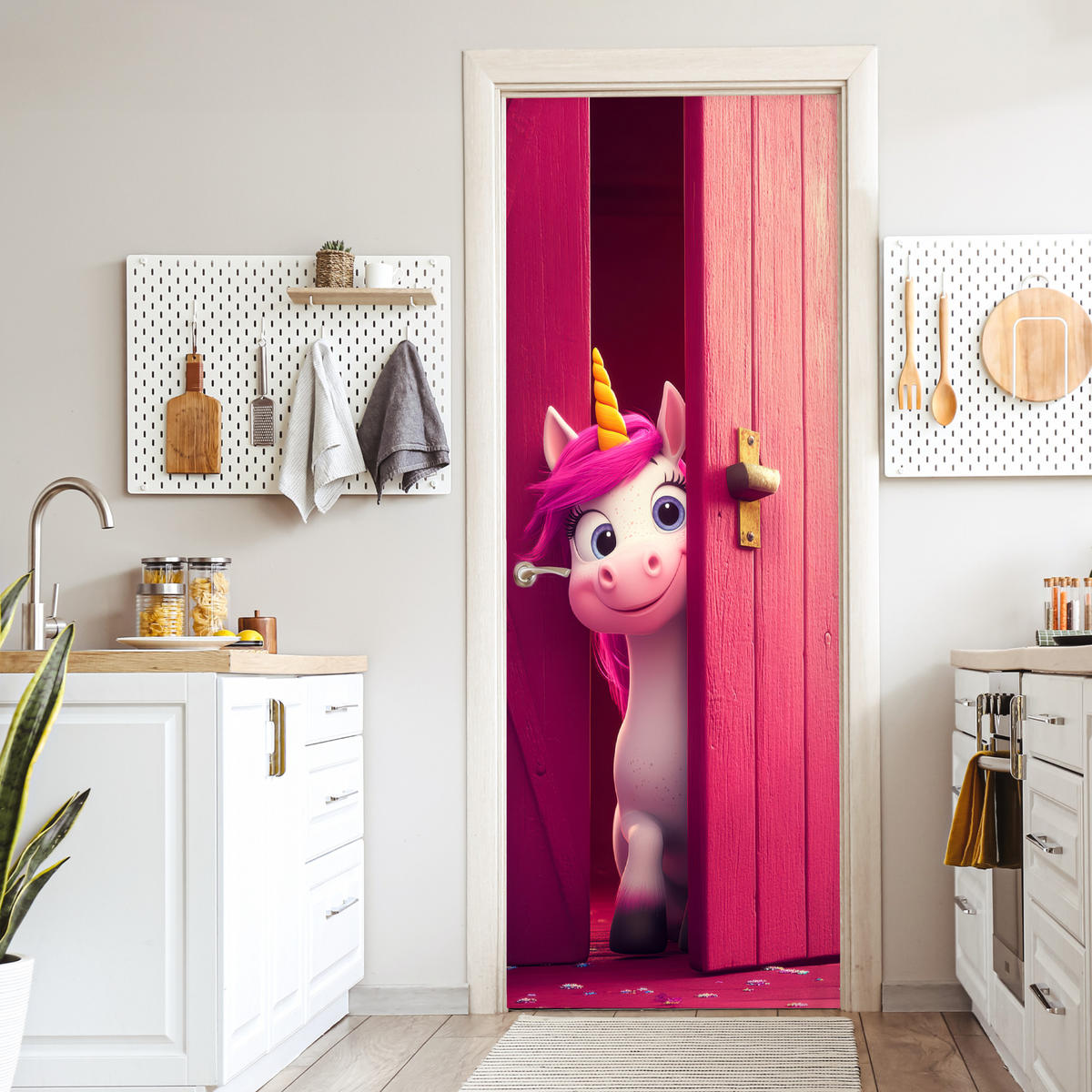 NÁLEPKA NA DVERE Jednorožec - Ružová - Dvere - Fantázia 95x235 cm - pink, plast (95/0.1cm) - MuchoWow