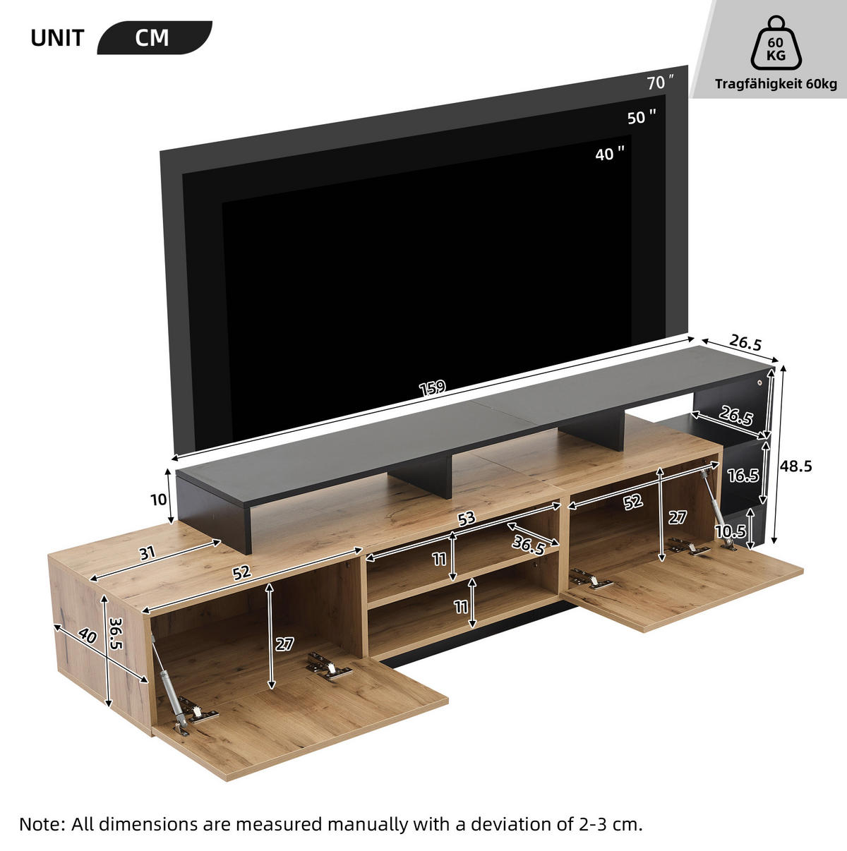 TV-SCHRANK aus Spanplatte 190x40x48,5 cm Eichefarben/Schwarz mit LED-Beleuchtung, viel Stauraum und Klapptüren - Schwarz, Holzwerkstoff (190/48.5/40cm) - Modfu