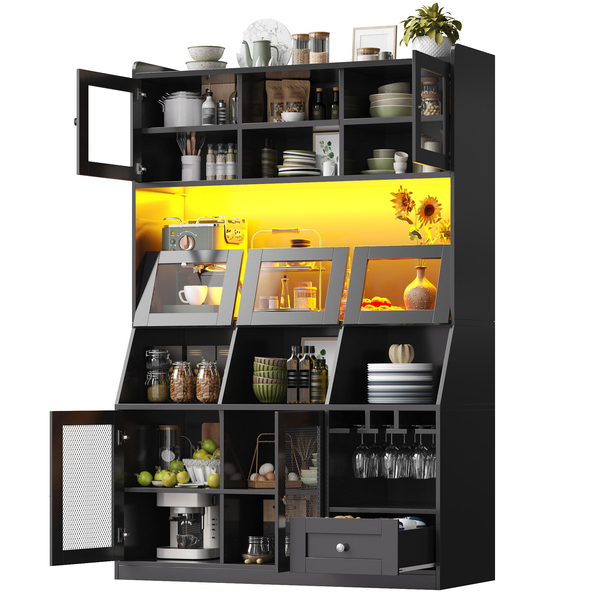 HIGHBOARD i svart med USB-uttag, LED och glasdörrar, B120/D40/H181,7 cm Naturfärgad 181.7/120/40 cm