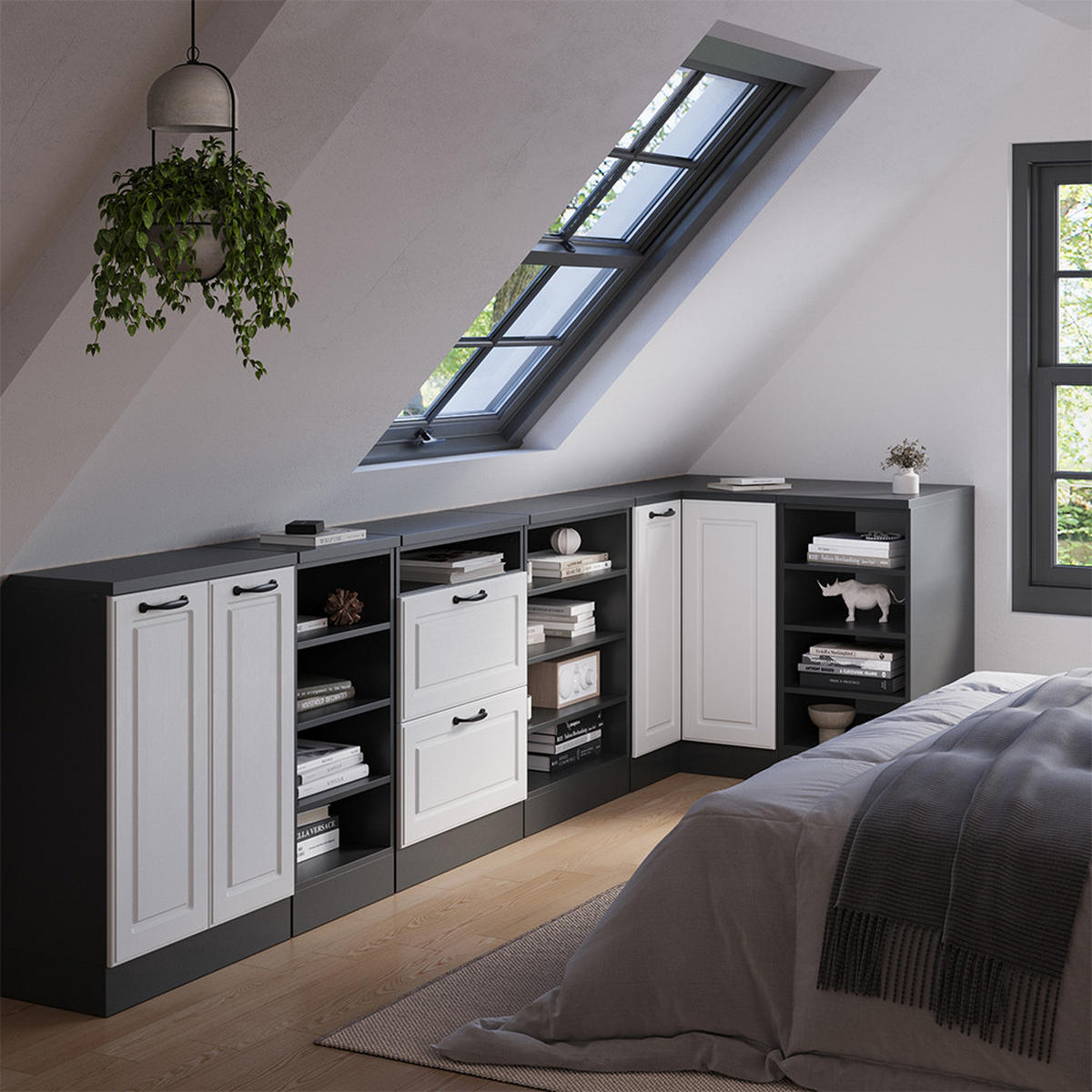 KOTNI KUHINJSKI ORMAR ZA KOSINE KROVA R-Line Bijela Seoska 75.6 cm s 1 vratima, korpus ormarića dubine 60 cm - bijela/antracit, drvni materijal (75.6/83.8/60cm) - Vicco