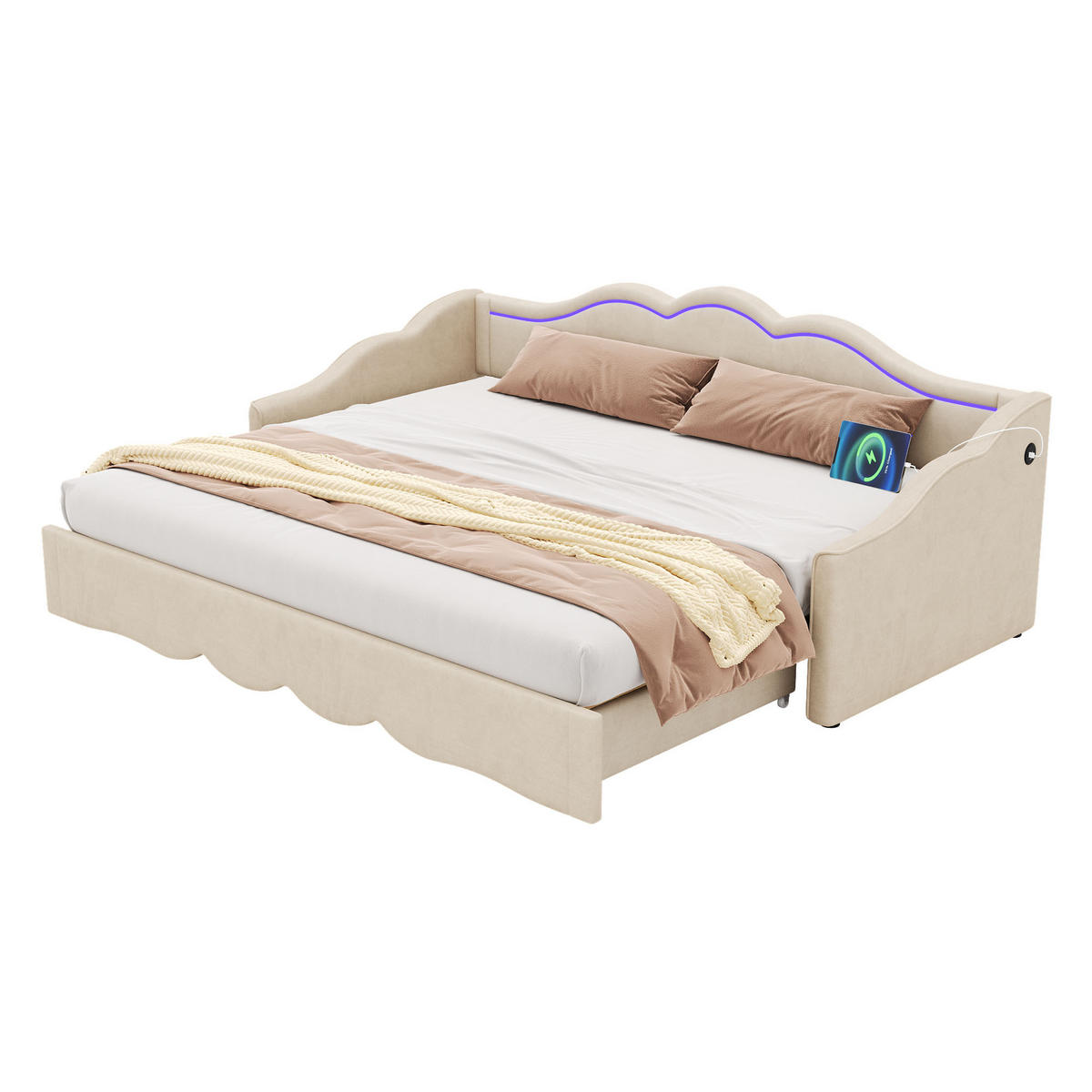 AUSZIEHBETT 90/180/200 cm DE-03072, mit LED, USB und Samtbezug, in Beige - Beige, Metall (90/200cm) - ComfortXL