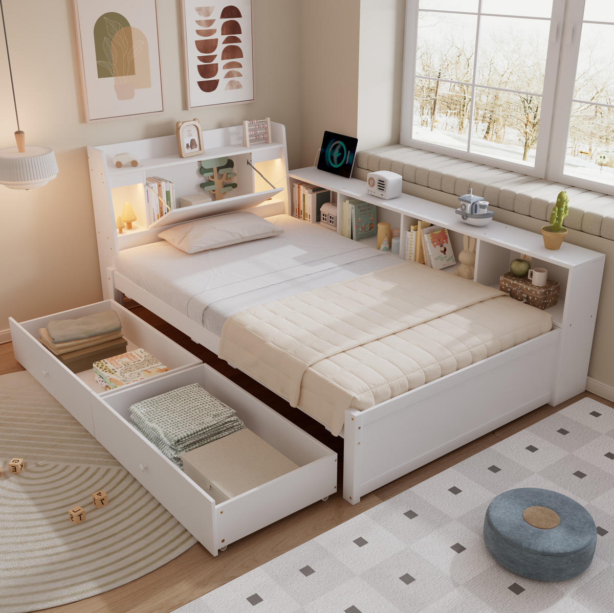 JEDNOLÔŽKOVÁ posteľ 90/200 cm biela s úložným priestorom, 2 svetlami a nabíjacou zásuvkou z masívu a MDF - biela, drevo (90/200cm) - OKWISH