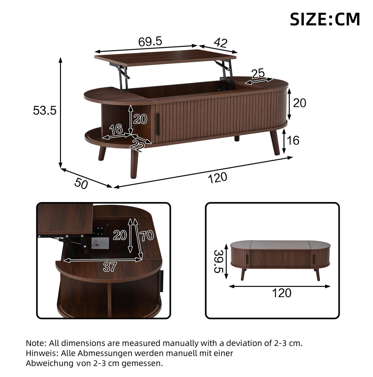 COUCHTISCH 120/50/39,5 cm höhenverstellbar mit verborgenem Stauraum und Rollladenfächern aus MDF/Holz, Nussbaum - Nussbaumfarben, Holzwerkstoff (120/50/39.5cm) - Redom