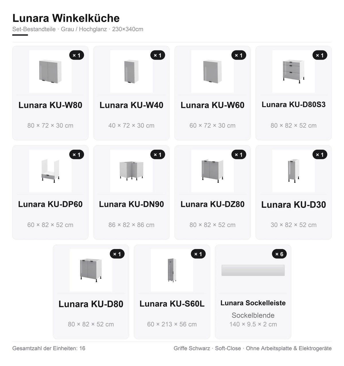 ECKKÜCHE – 340 cm – KU-S62 – Lunara – Grau Hochglanz – ohne E-Geräte - Schwarz/Grau, Holzwerkstoff/Metall (340/213/56cm) - hi-markt