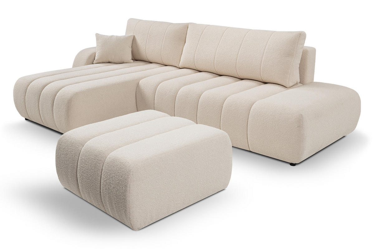 ECKSOFA Baloo mit Schlaffunktion und Bettkasten, komfortable Polsterung, Stoffbezug, lose Rückenkissen, freistehend, LINKS, 176x276x88 cm, Cream - Creme, Holz/Textil (176/276cm) - DomoHome