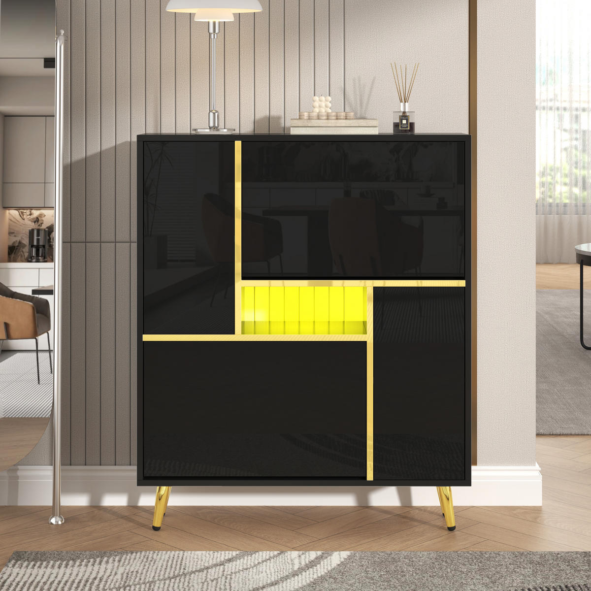 SCHUHSCHRANK in Schwarz Hochglanz Schuhkipper mit LED-Licht für Eingangsbereiche, Flur und Schlafzimmer, B80/T25/H96 cm - Goldfarben/Schwarz, Holzwerkstoff/Metall (80/96/25cm) - STILVORA
