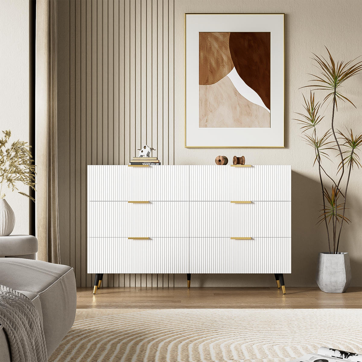 SIDEBOARD mit 6 Schubladen, mit goldenen Griffen und Beinen, modernes Wellendesign, 120/40/77 cm, Weiß - Weiß, Holzwerkstoff (120/40/70cm) - Redom