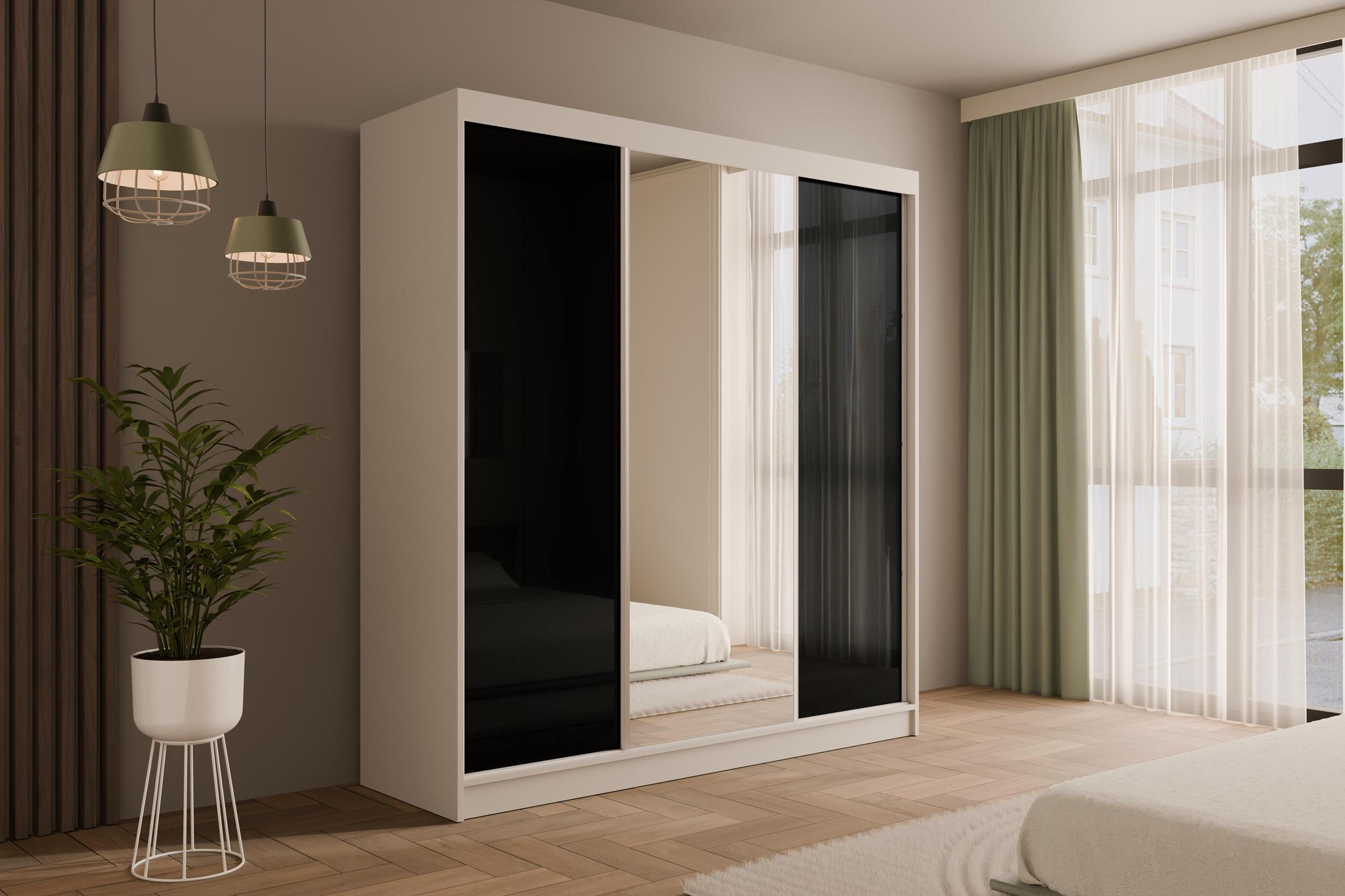 KLEIDERSCHRANK mit Spiegel V2-VITA 215x200 cm - Weiß|Schwarz - Schwarz/Weiß, Holzwerkstoff (200/215/61cm) - ALTDECOR