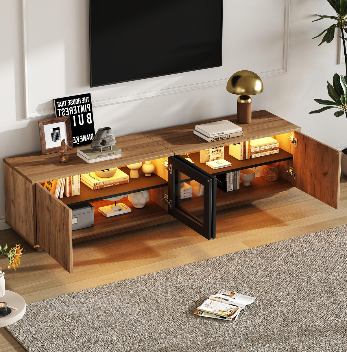 TV-ELEMENT mit LED 180 x 40 x 45 cm Naturholzoptik Schwarz 4 Türen - Braun, Holzwerkstoff (40/45/180cm) - Beauniv