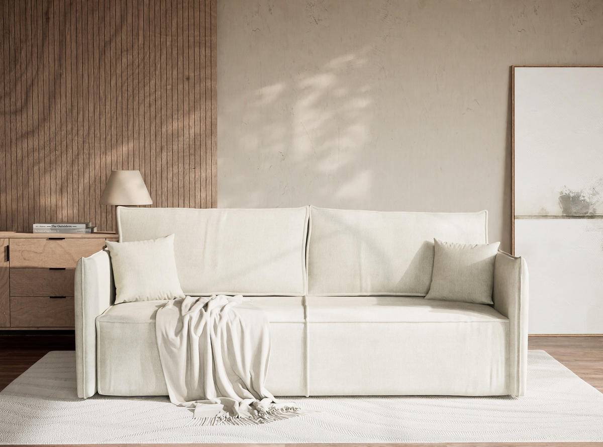 SOFA MIT SCHLAFFUNKTION Obra Creme Chenille-Stoff - Creme/Schwarz, Holz/Holzwerkstoff (220/70/107cm) - Maison de Reve