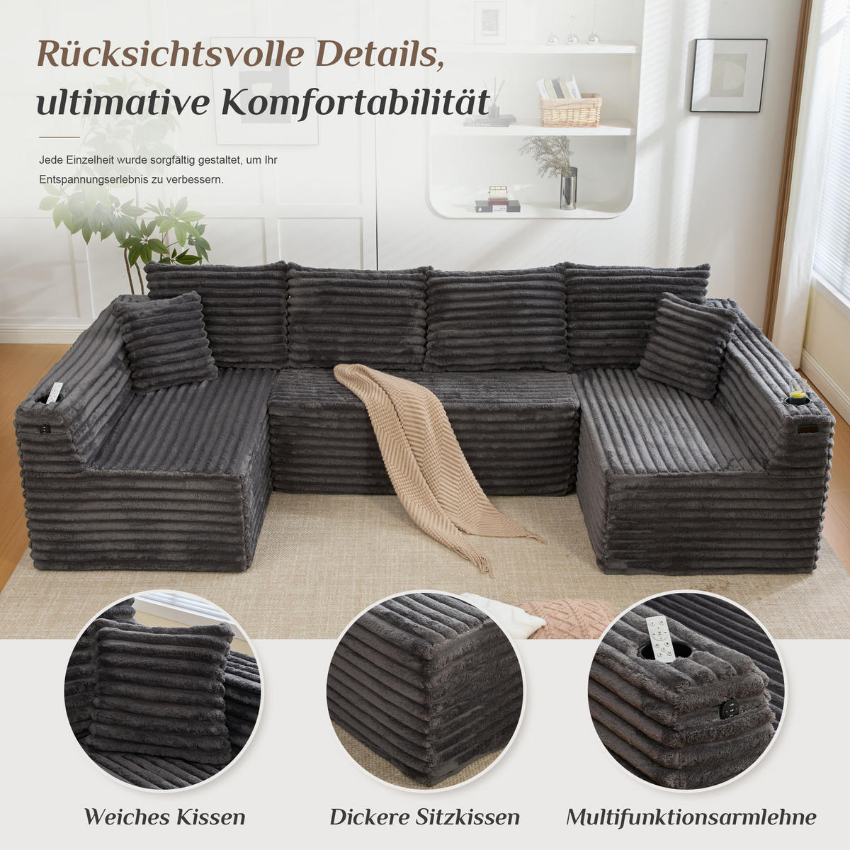 WOHNLANDSCHAFT 320/155/88 cm Dunkelgrau mit Getränkehalter und Seitentasche - Dunkelgrau, Textil (320/88/155cm) - Oxeza