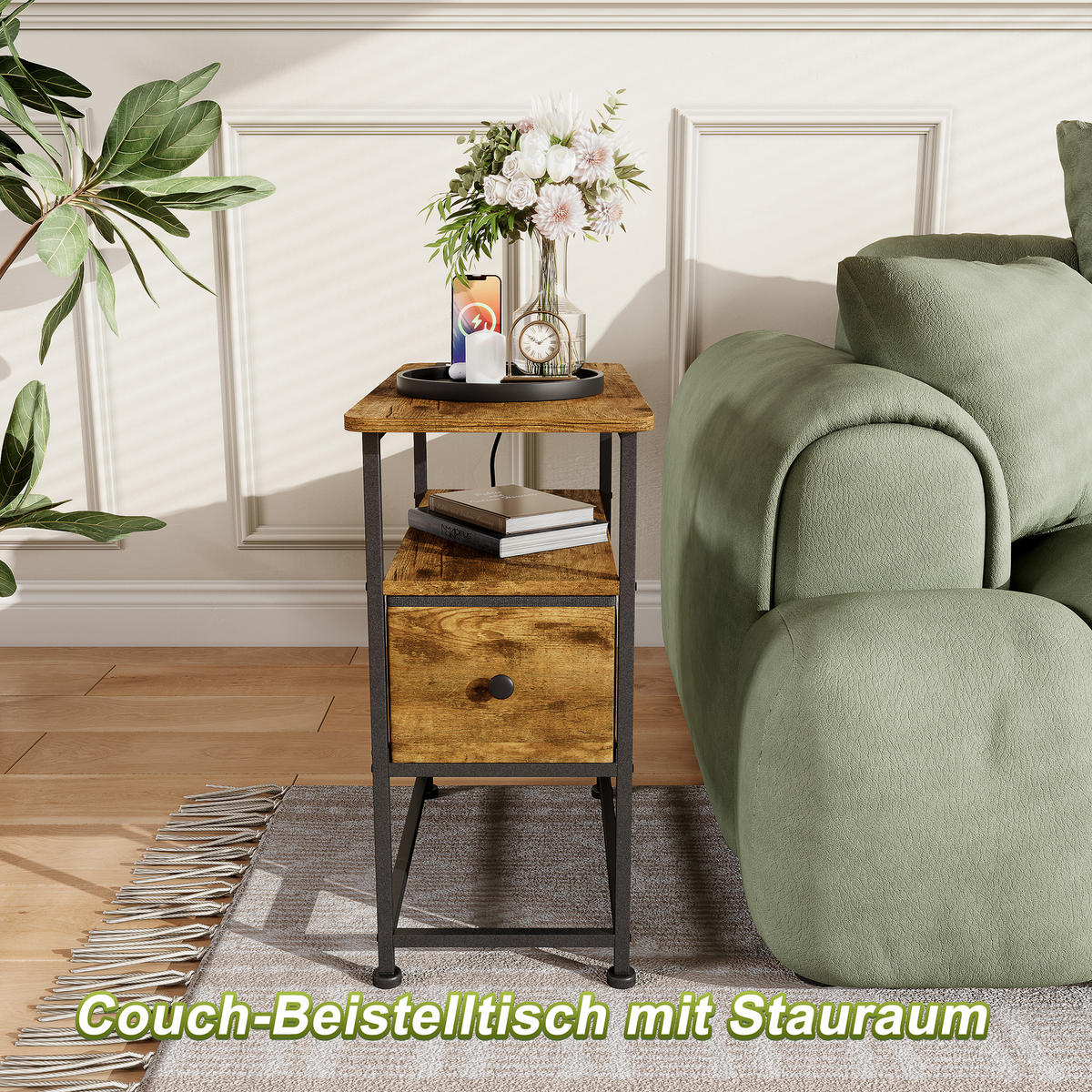 NACHTTISCH LED USB Schublade offene Fächer Tigerstreifen - Naturfarben, Holz (60/62/30cm) - LEBENLANG