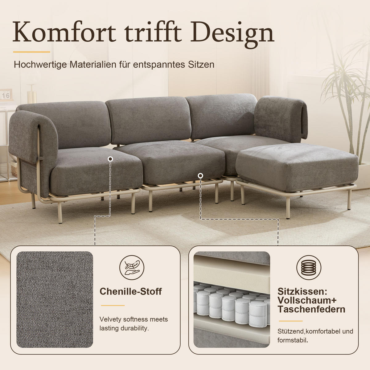 ECKSOFA 251/155/78 cm Grau Chenille mit 1 Fußhocker - Grau, Textil (155/251cm) - Oxeza
