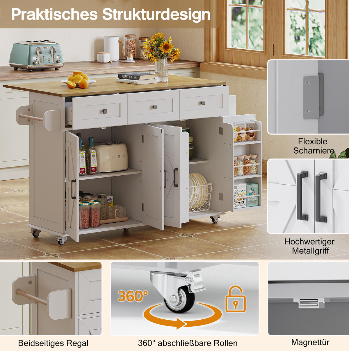 KÜCHENINSEL 140/43(70)/90,5 cm mit klappbarer Arbeitsplatte, 4 Türen, 3 Schubladen und Rollen, Weiß/Natur - Weiß, Holzwerkstoff (140/93/70cm) - Redom