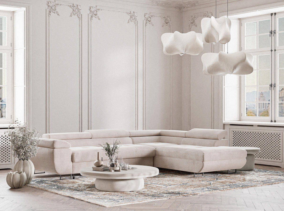 ECKSOFA Concord Creme Chenille-Stoff - Rechts Seite - Creme/Schwarz, Holz/Holzwerkstoff (277/203cm) - Maison de Reve