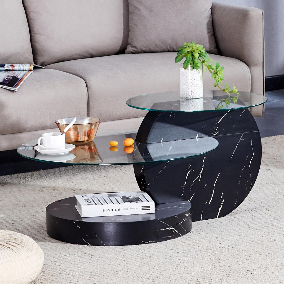 COUCHTISCH in Schwarz Wohnzimmertisch mit zwei Ebenen aus Sicherheitsglas für Wohnzimmer, B90/T70/H44 cm - Transparent/Schwarz, Glas/Holzwerkstoff (89.9/89.9/43.2cm) - STILVORA