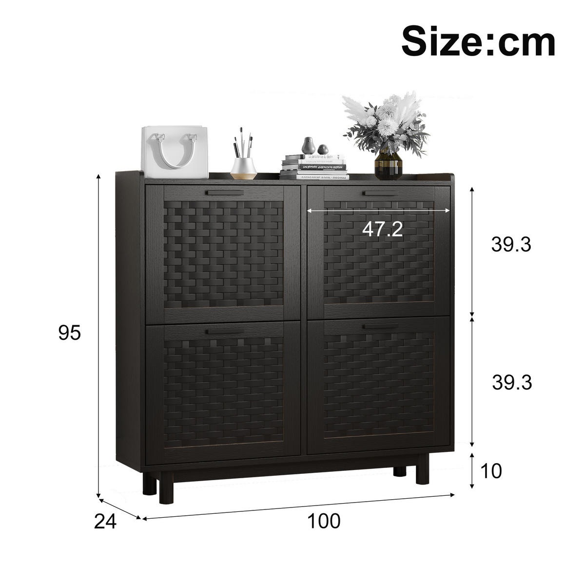 SCHUHSCHRANK 100cm schwarz mit 4 Klappfächern & Rattan-Imitation - Schwarz, Holz (24/95/100cm) - SHOPENTRA