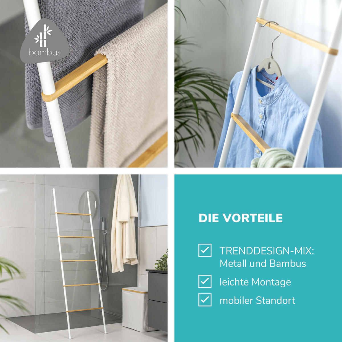 HANDTUCHLEITER, Bambus/Metall, weiß - Weiß, Holz (44.5/164.5/2.5cm) - eluno