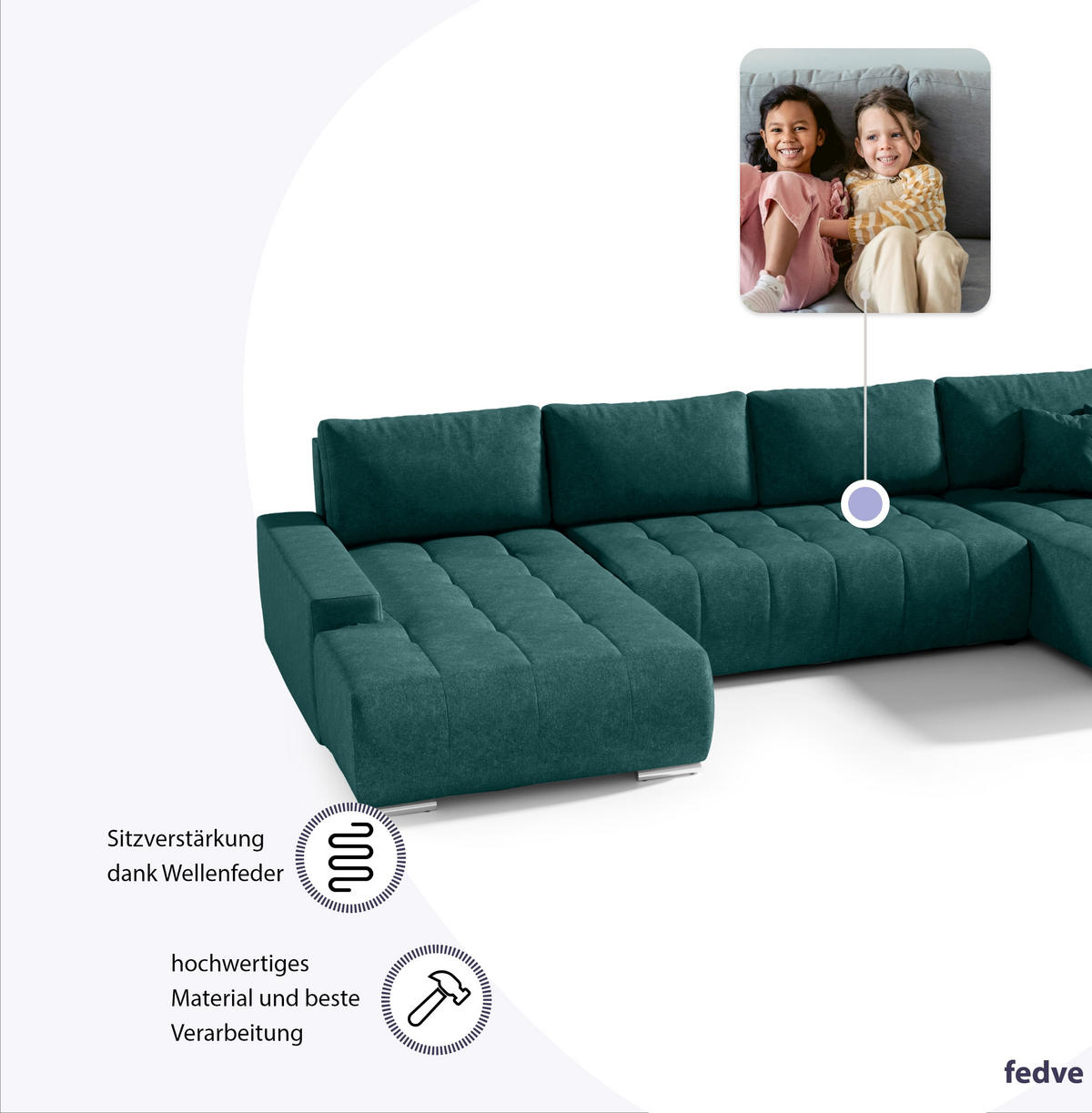 WOHNLANDSCHAFT mit Schlaffunktion Dhaka U, Flaschengrün - Grün, Textil (185/85/350cm) - Fedve