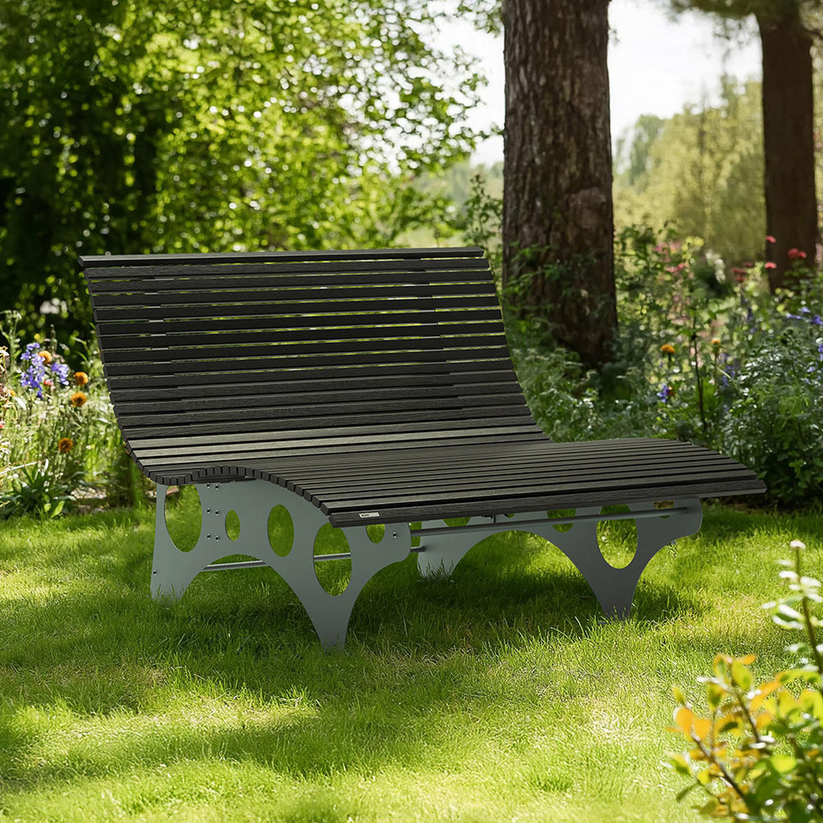 WELLENLIEGE NIRA - Anthrazit, 148 cm - Anthrazit, Holz/Metall (148/105/152cm) - Home Deluxe