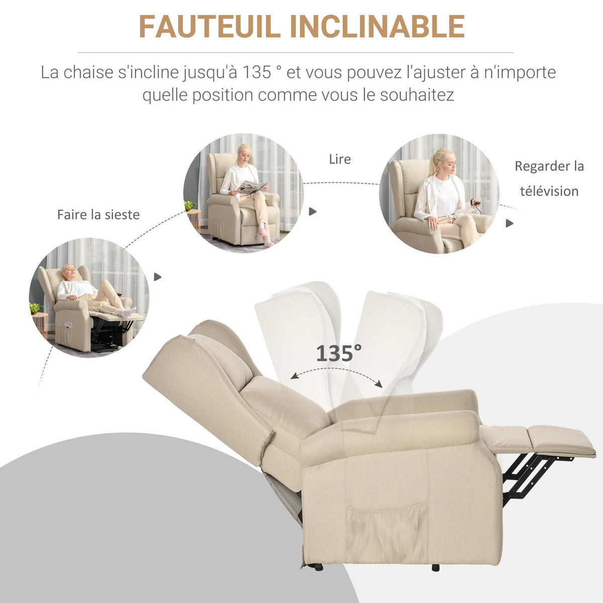 RELAXSESSEL DE-15426 135° neigbar mit Aufstehhilfe Creme - Creme, Metall (94/111/74cm) - ComfortXL