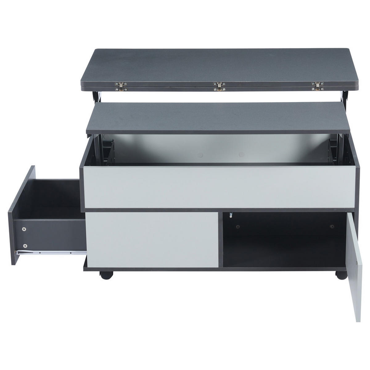 COUCHTISCH 100x98cm Höhenverstellbar Rollen Schubladen Esstisch Grau-Weiß - Grau, Holz (111.76/59.06/14.99cm) - FLIEKS