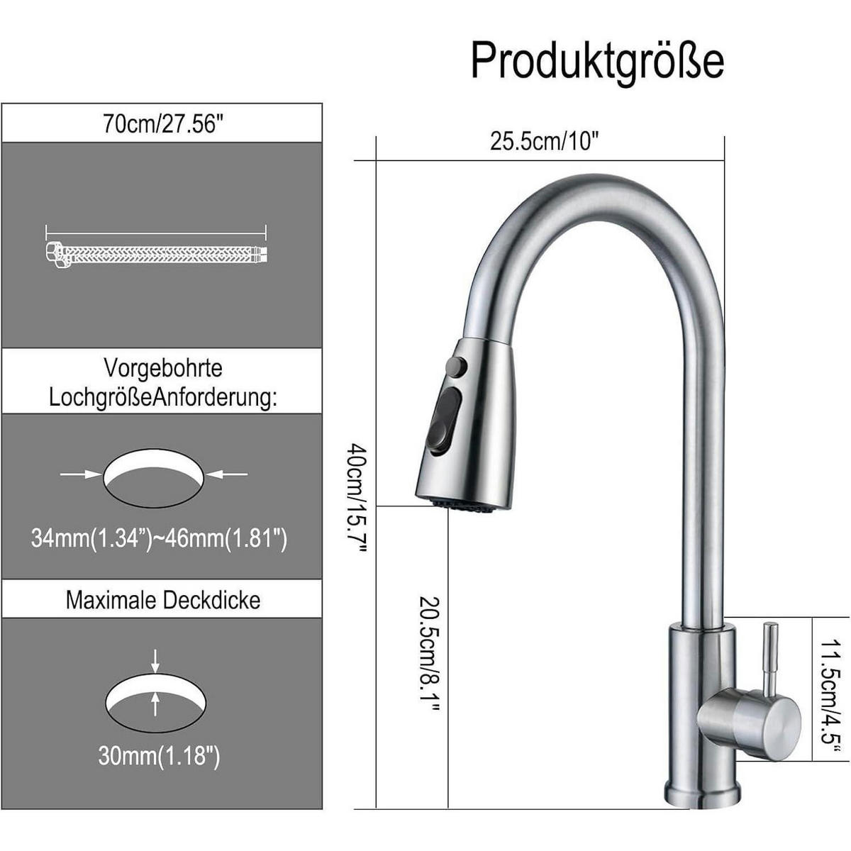 KÜCHENARMATUR ausziehbar Edelstahl 360° drehbar 3 Modi - Silberfarben, Metall (14.5/4.5/16.5cm)