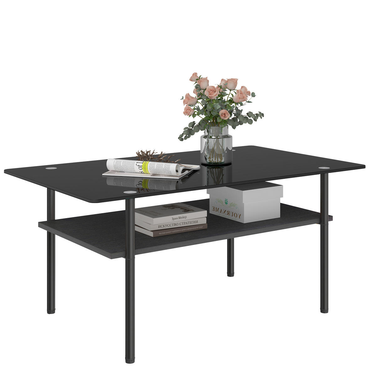 COUCHTISCH DE-37418 rechteckig mit schwarzer Glasplatte Schwarz - Schwarz, Metall (98/58/45cm) - ComfortXL