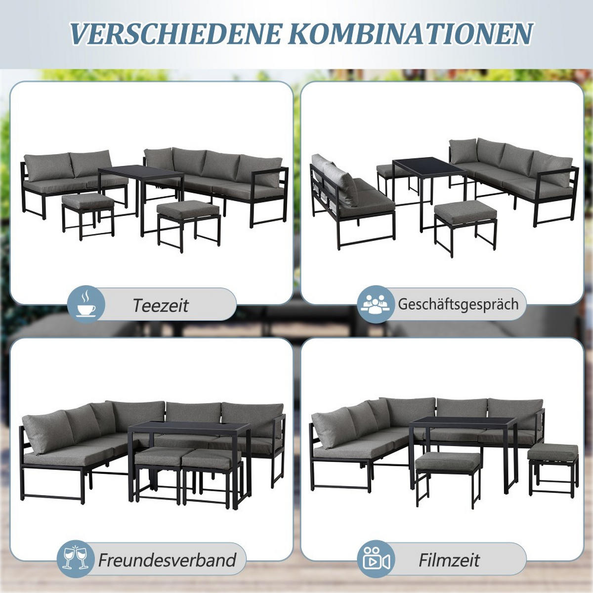 GARTENLOUNGE-SET mit Liegefunktion, Grau - Grau, Metall - KOMHTOM
