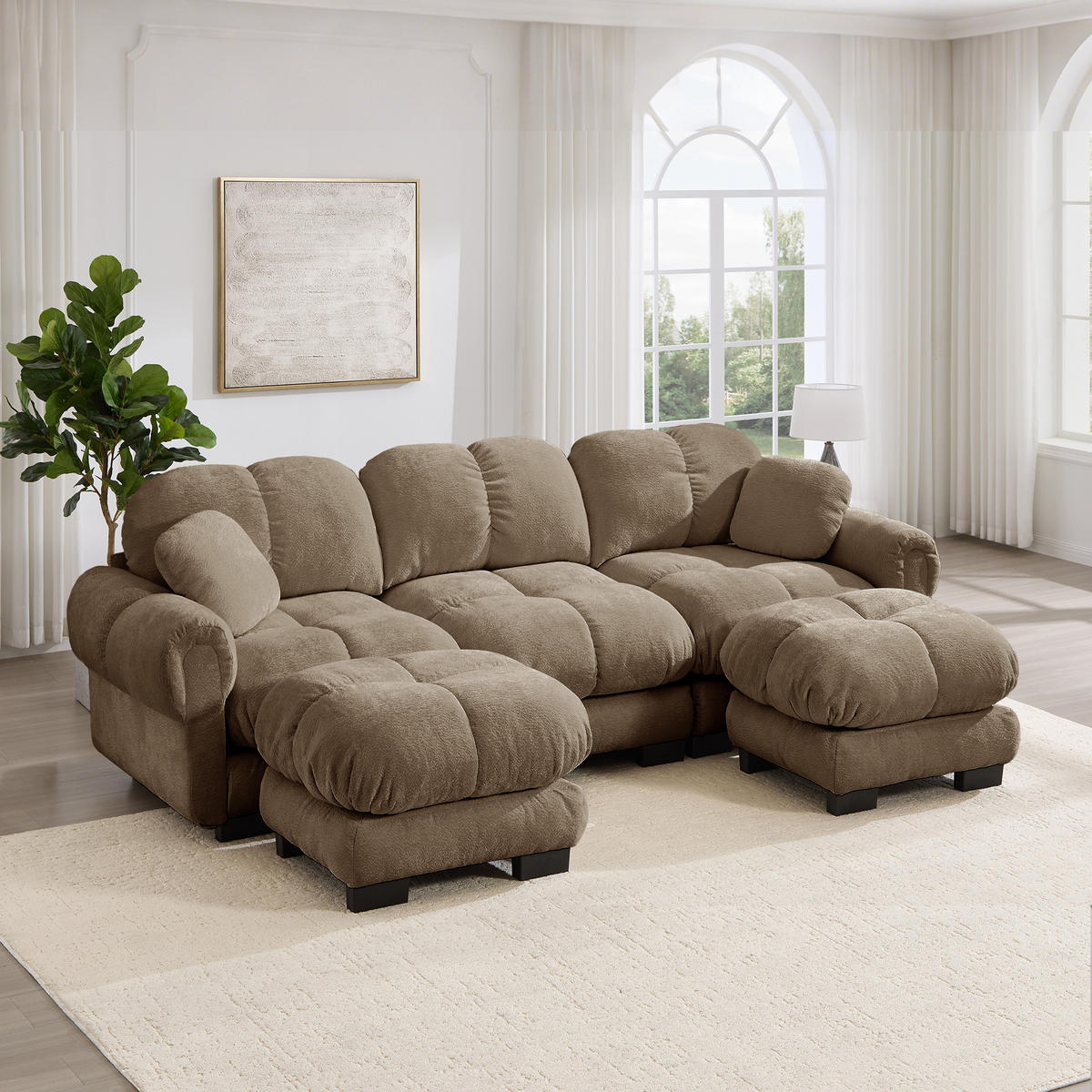 WOHNLANDSCHAFT DE-34384 U-Form mit Ottoman und Steppdesign Braun - Braun, Textil (149/90/260cm) - ComfortXL