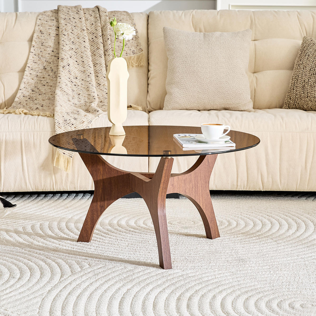 COUCHTISCH in Braun Runder Kaffeetisch für Wohnzimmer, Büro & Lounge, Hitze- & Kratzfest, 80/80/42.2 - Braun, Glas/Holzwerkstoff (80/80/42.2cm) - STILVORA