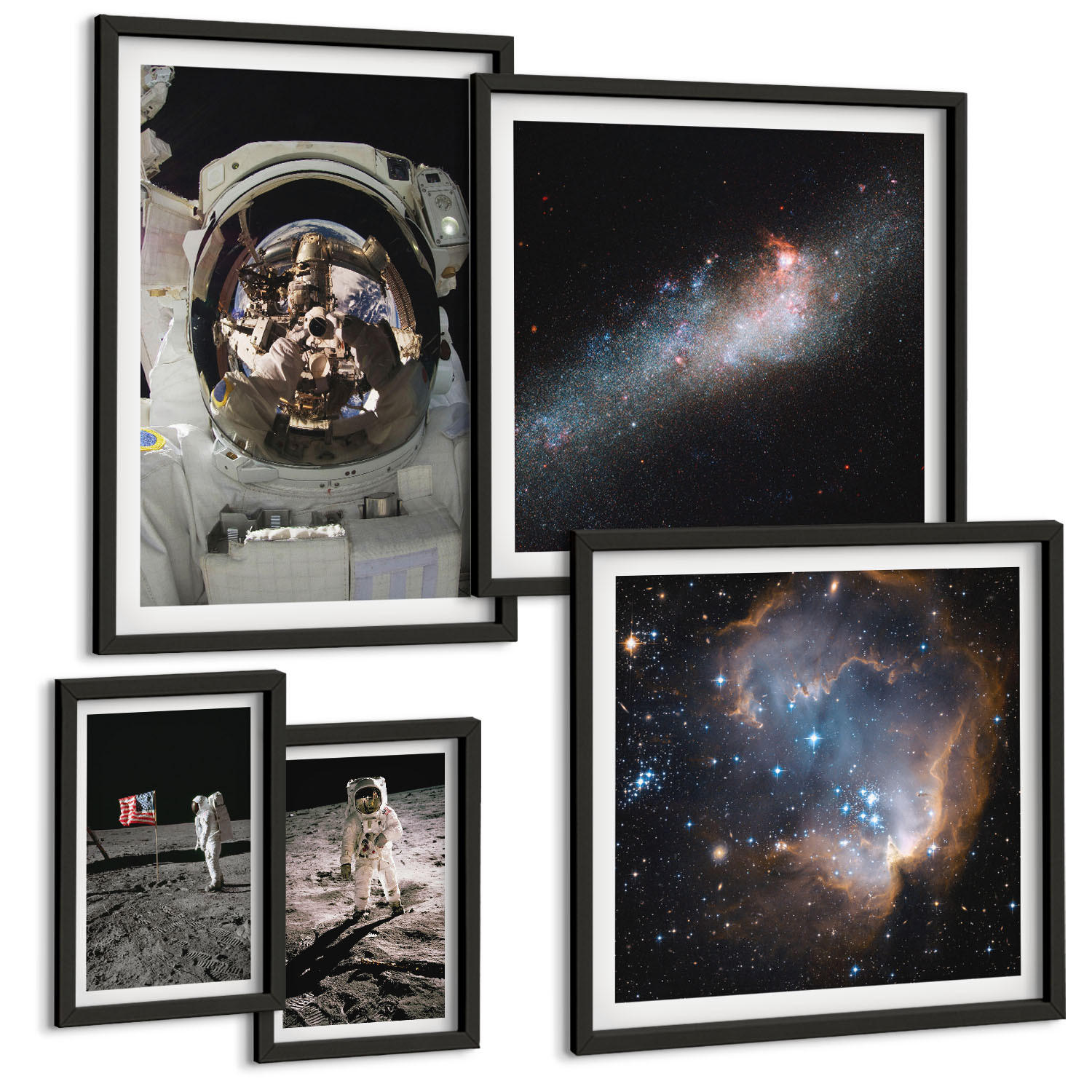 BILDER SET 5er Set - 50x50 cm & 20x30 cm & 40x60 cm Schwarzer Rahmen - Astronauten landen auf dem Mond - Schwarz, Kunststoff (40/60cm) - TULUP