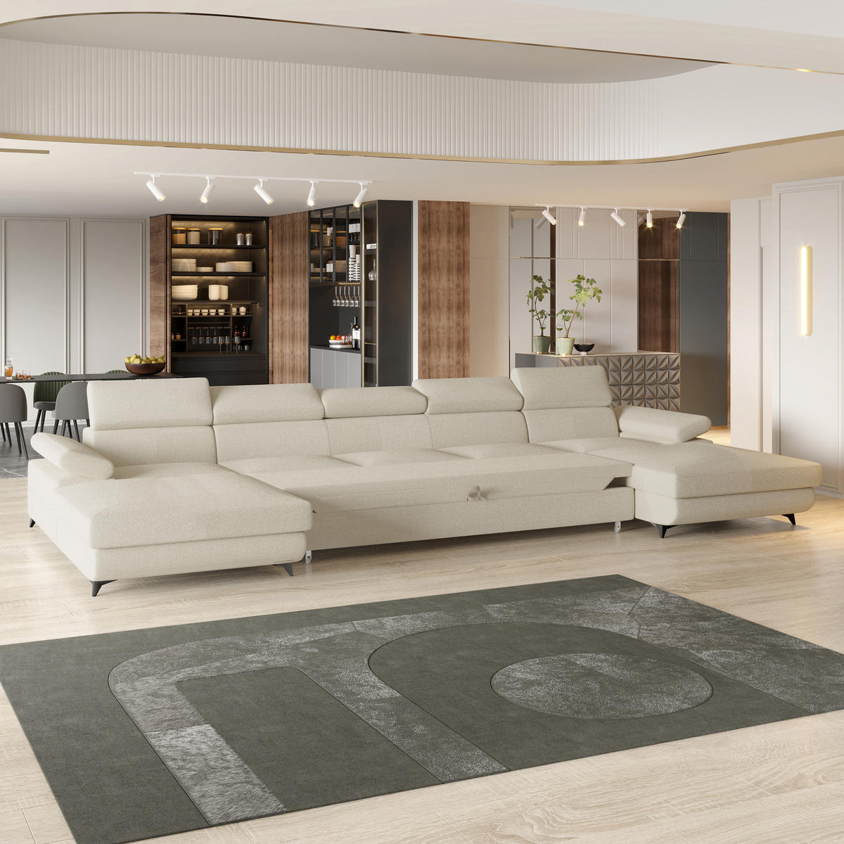 WOHNLANDSCHAFT VIVENTE Creme Boucle-Stoff mit Schlaffunktion - Creme, Holz (410/89/190cm) - MASSENO