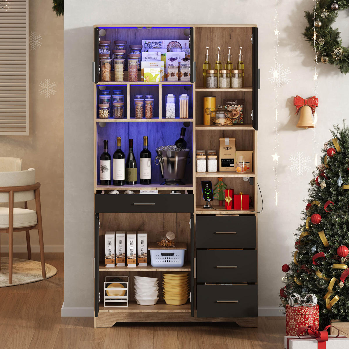 BUFFET 100/40/185 cm aus MDF mit LED-Beleuchtung und Steckdosenleiste Schwarz/Natur - Schwarz, Holzwerkstoff (100/185/40cm) - Modenvie