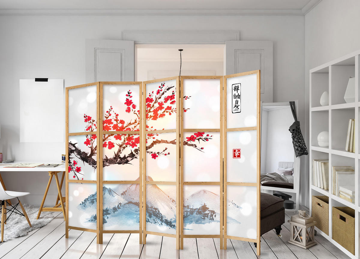 PARAVÁN Japonský 5-dielny 225x172 cm Sakura Vrch Fudži - viacfarebná, drevo/textil (225/172/3cm) - Muralo