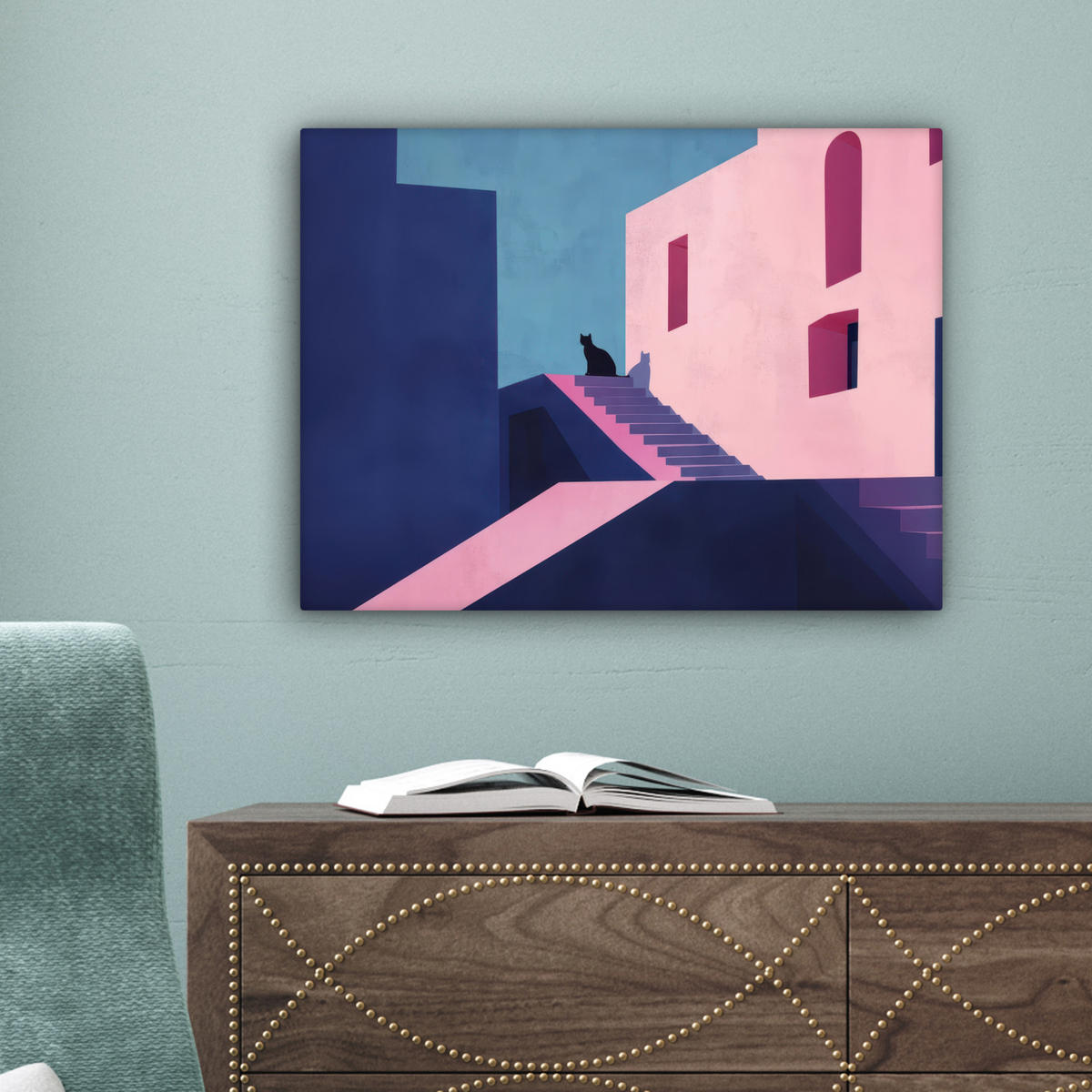 LEINWANDBILD Katze - Treppe - Gebäude - Schattenkontraste Wandbild 40x30 cm - Dunkelblau, Textil (40/30cm) - MuchoWow
